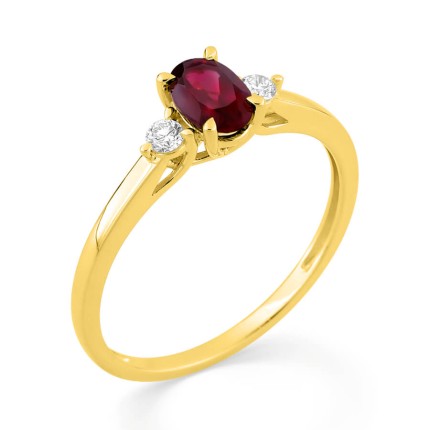 Anel em ouro amarelo 9K, rubi oval e diamantes criados 0,09 ct