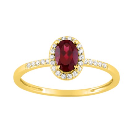 Anel em ouro amarelo 9K, rubi oval e diamantes criados 0,11 ct