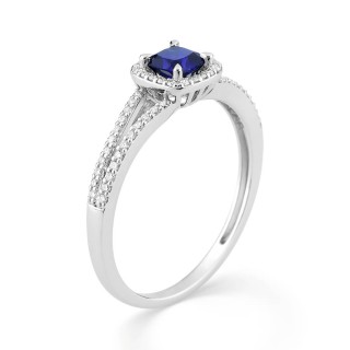 Anel em ouro branco 9K com safira almofada e diamantes criados de 0,20 ct