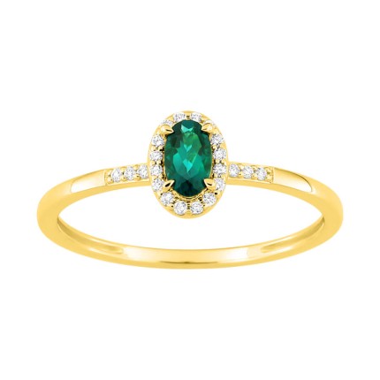 Anel em ouro 9K amarelo, diamantes criados F-VS 0,07 ct e esmeralda criada