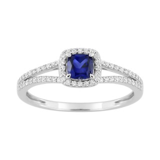 Anillo de oro blanco de 9K con zafiro cojín y diamantes creados de 0,20 ct