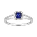 Anel em ouro branco 9K com safira almofada e diamantes criados de 0,20 ct