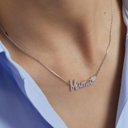 Collar corazón «Mamá», letras unidas, en plata