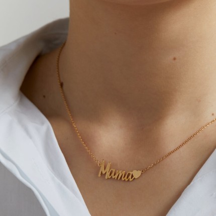 Colar de coração “Mama”, letras unidas, banhado a ouro