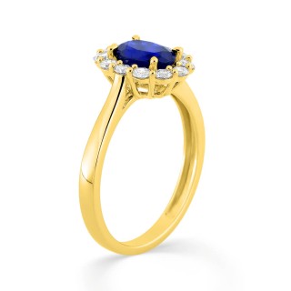 Anel em ouro amarelo 9K, safira e diamantes sintéticos 0,40 ct