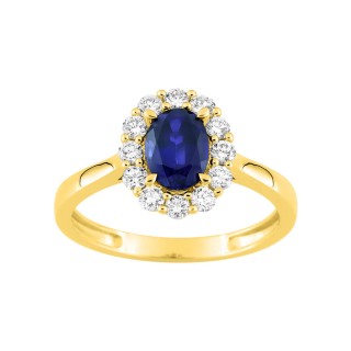 Anillo de oro amarillo 9K, zafiro y diamantes sintéticos 0,40 ct