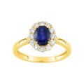 Anel em ouro amarelo 9K, safira e diamantes sintéticos 0,40 ct