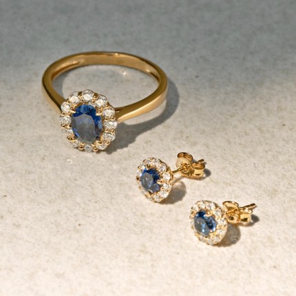 Anel em ouro amarelo 9K, safira e diamantes sintéticos 0,40 ct