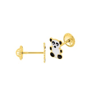 Brincos de criança em ouro amarelo de 9K com panda em esmalte preto e branco