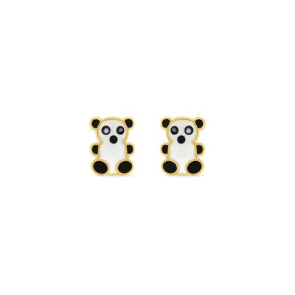 Brincos de criança em ouro amarelo de 9K com panda em esmalte preto e branco