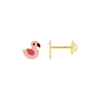 Pendientes infantiles flamenco oro amarillo 9K con esmalte rosa