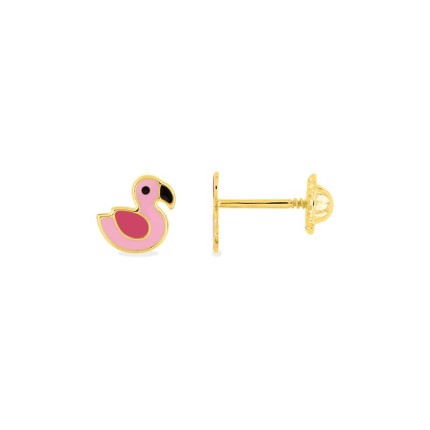 Brincos de flamenco em ouro amarelo 9K com esmalte rosa para criança