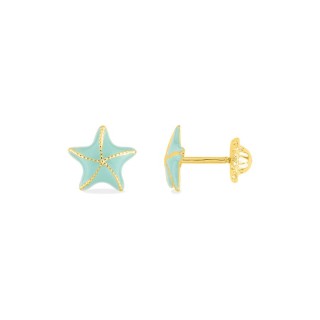 Brincos de criança em ouro amarelo de 9K com estrela do mar e esmalte verde menta
