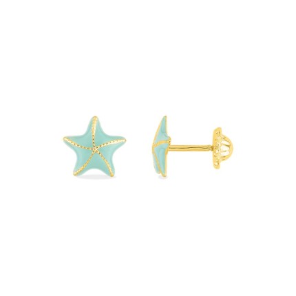 Pendientes infantiles estrella de mar oro amarillo 9K con esmalte verde menta