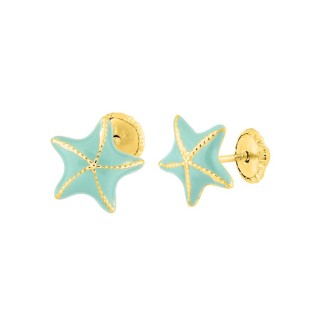 Pendientes infantiles estrella de mar oro amarillo 9K con esmalte verde menta