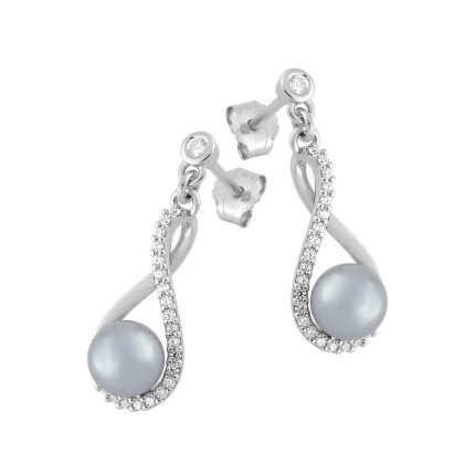 Brincos pendentes em prata 925 com imitação de pérolas cinzentas e zircónias de 6 mm