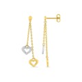 Pendientes largos corazones bicolores y cadena forzada bañado en oro y rodio