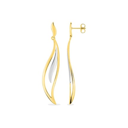Pendientes largos hoja bicolor bañado en oro y rodio