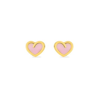 Brincos de coração de criança em ouro amarelo de 18K e esmalte rosa