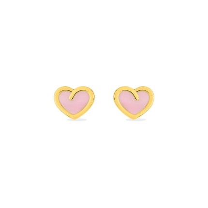 Brincos de coração de criança em ouro amarelo de 18K e esmalte rosa