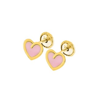 Pendientes infantiles con corazón oro amarillo 18K y esmalte rosa