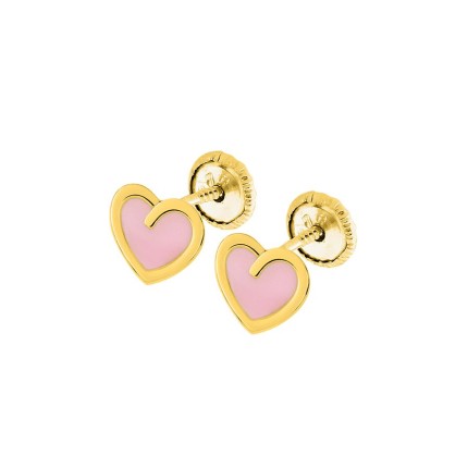 Brincos de coração de criança em ouro amarelo de 18K e esmalte rosa