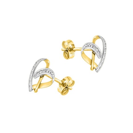 Brincos em ouro amarelo de 18K com desenho de coração e diamantes de 0,01 ct