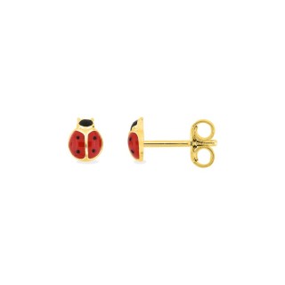 Brincos de joaninha banhados a ouro com esmalte vermelho/preto 5mm