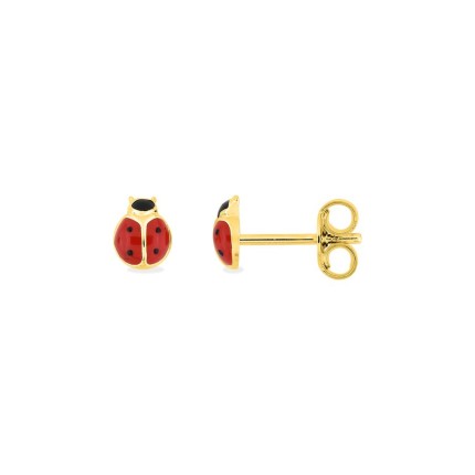 Brincos de joaninha banhados a ouro com esmalte vermelho/preto 5mm