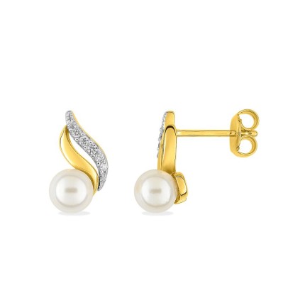 Pendientes con curvas bicolores bañado en oro y rodio, con perla sintética 5 mm y circonitas