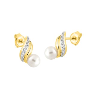 Pendientes con curvas bicolores bañado en oro y rodio, con perla sintética 5 mm y circonitas