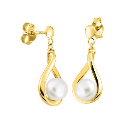 Pendientes largos oro amarillo 9K con perla cultivada de agua dulce 5 mm
