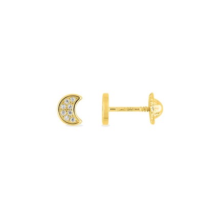 Pendientes diseño luna oro amarillo 9K con circonitas y cierre rosca