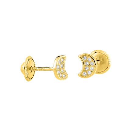 Brincos em ouro amarelo 9K com desenho de lua com zircónias e fecho de rosca