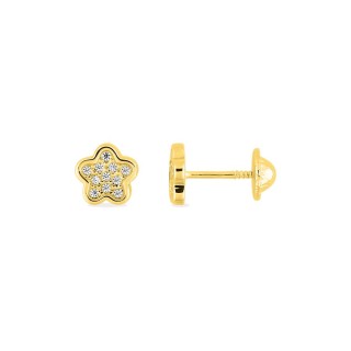 Pendientes diseño flor oro amarillo 9K con circonitas y cierre rosca