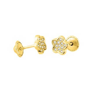 Pendientes diseño flor oro amarillo 9K con circonitas y cierre rosca