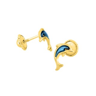 Pendientes delfin oro amarillo 9K y esmalte azul