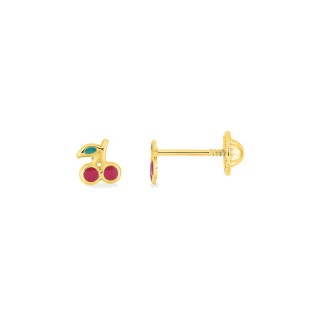 Pendientes cerezas oro amarillo 9K y esmalte, con cierre de seguridad