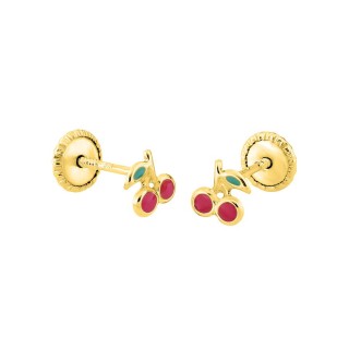 Pendientes cerezas oro amarillo 9K y esmalte, con cierre de seguridad