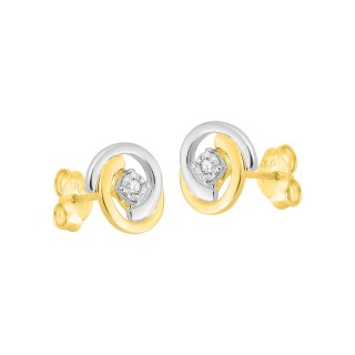 Pendientes bicolores oro 9K con diamante con corona facetada 0,02 ct