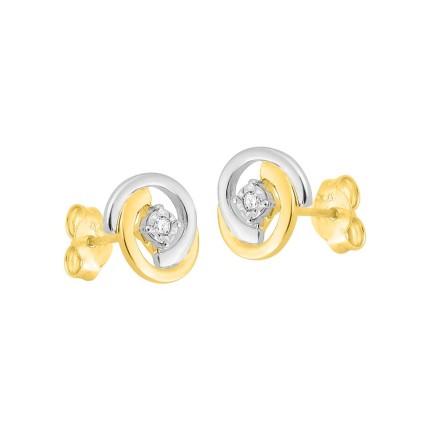 Pendientes bicolores oro 9K con diamante con corona facetada 0,02 ct