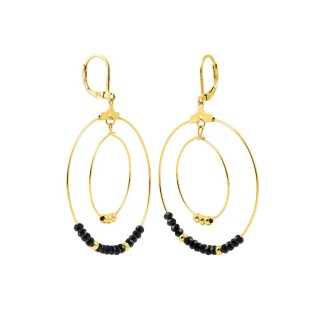 Pendientes de aro de acero dorado con cuentas de cristal negras