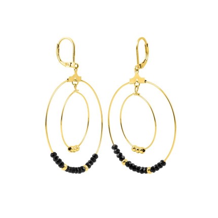 Brincos de argola em aço dourado com esferas de vidro pretas