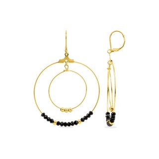 Pendientes de aro de acero dorado con cuentas de cristal negras