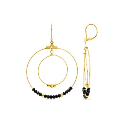 Brincos de argola em aço dourado com esferas de vidro pretas