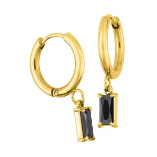 Brincos de argola em aço dourado e zircónias pretas rectangulares