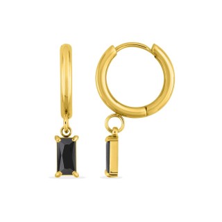 Brincos de argola em aço dourado e zircónias pretas rectangulares