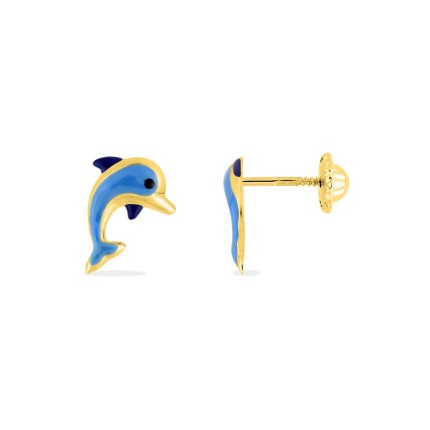 Brincos de golfinho para criança em ouro amarelo de 9K e esmalte azul