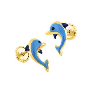 Pendientes infantiles delfin oro amarillo 9K y esmalte azul