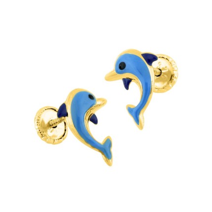 Brincos de golfinho para criança em ouro amarelo de 9K e esmalte azul